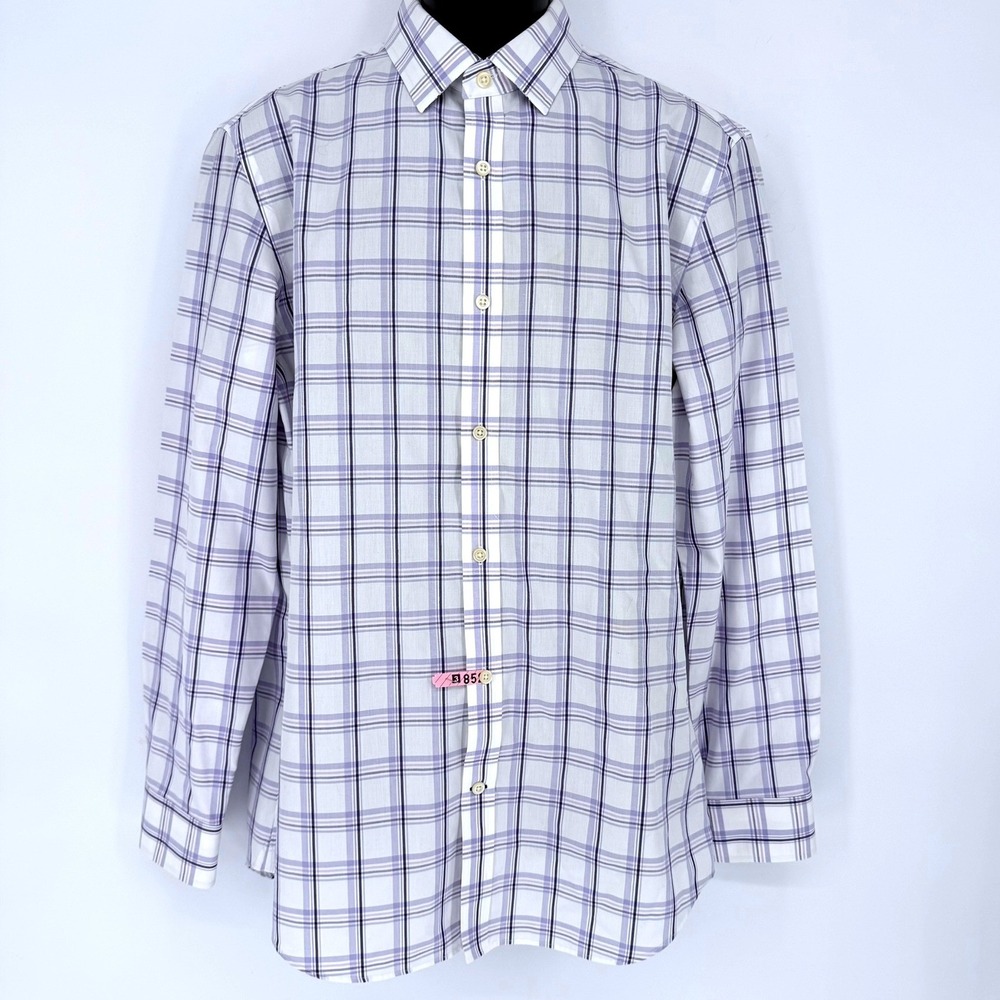 Banana Republic Mens L Non-Iron Tailored Slim Fit Purple White Plaid Dress Shirt